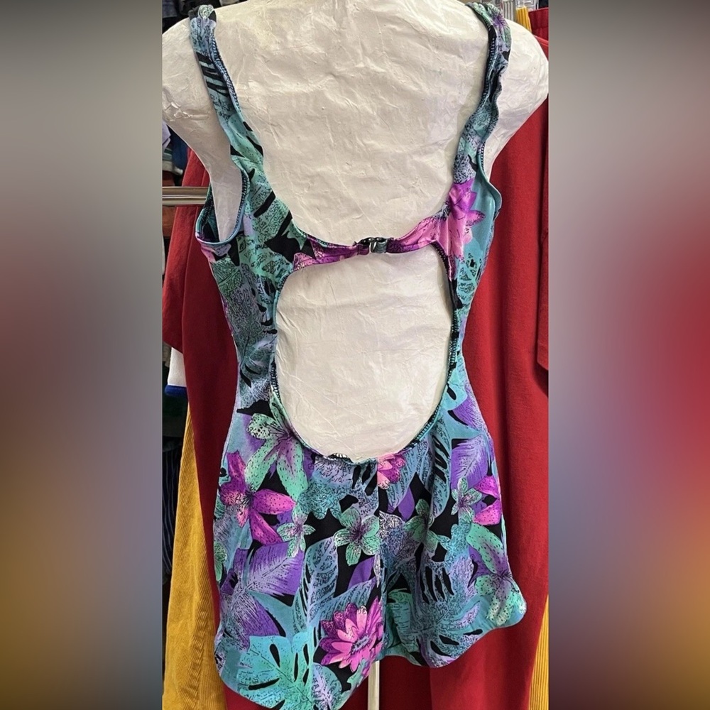 Vintage La Playa One Piece Button Down Swimsuit Size 16 Floral Tropical Boyshort - Picture 2 of 16